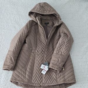 Quilted Hooded Coat in Taupe